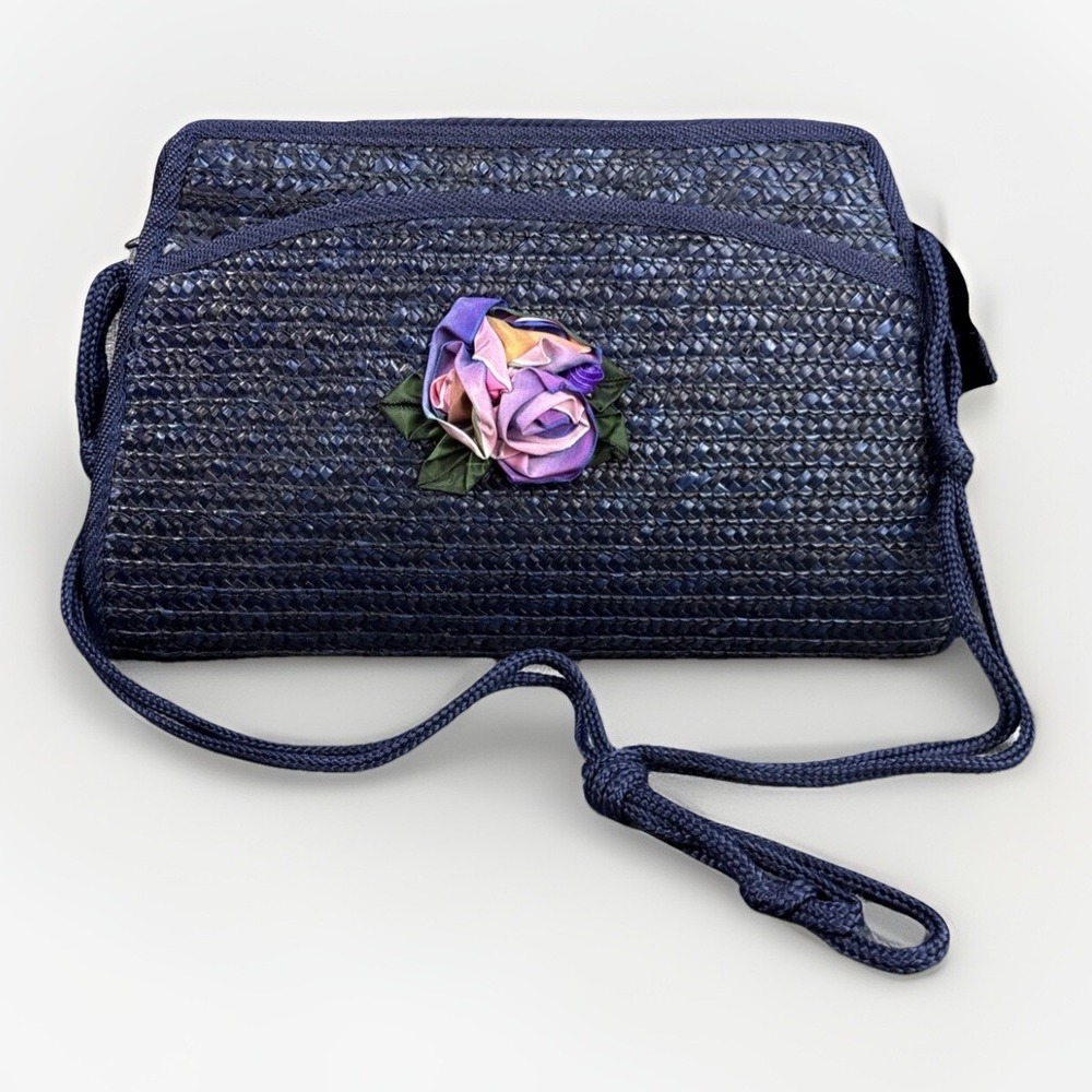 Navy Blue Straw Clutch Purse Bag Crossbody 3D Floral Appliqué Boho Basket Beachy